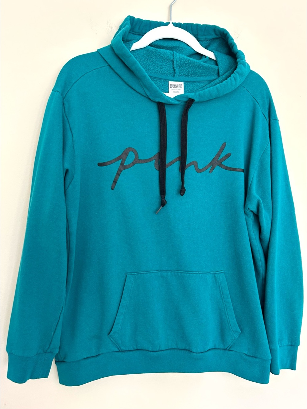 PINK Victoria's Secret Women’s Teal Pullover Hoodie with Black Logo